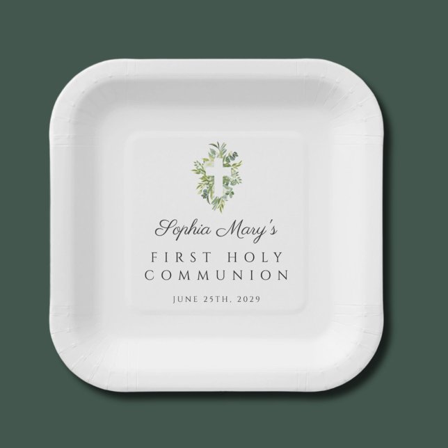 Elegant Green Botanical Cross First Communion  Paper Plate (Elegant Green Botanical Cross First Communion Paper Plates)