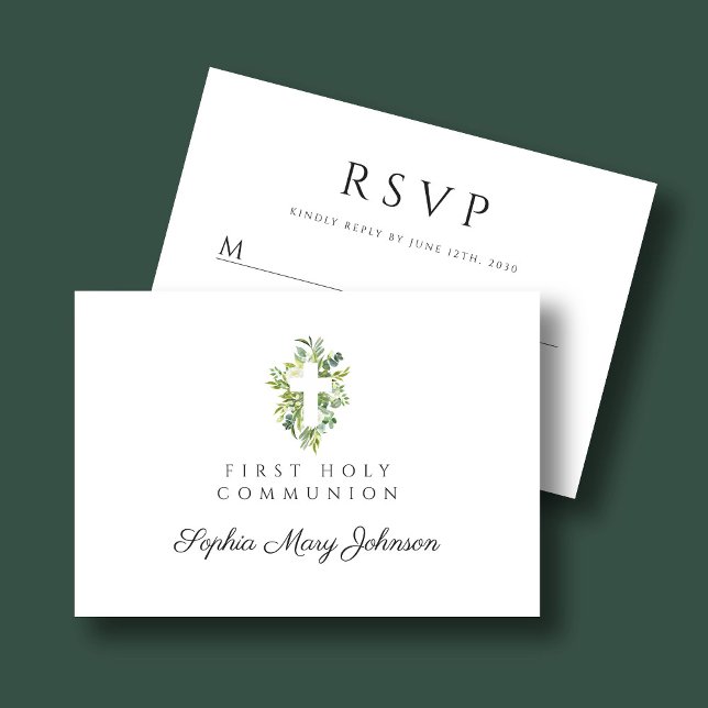 Elegant Green Botanical Cross First Communion RSVP Card (Elegant Green Botanical Cross First Communion RSVP Card)