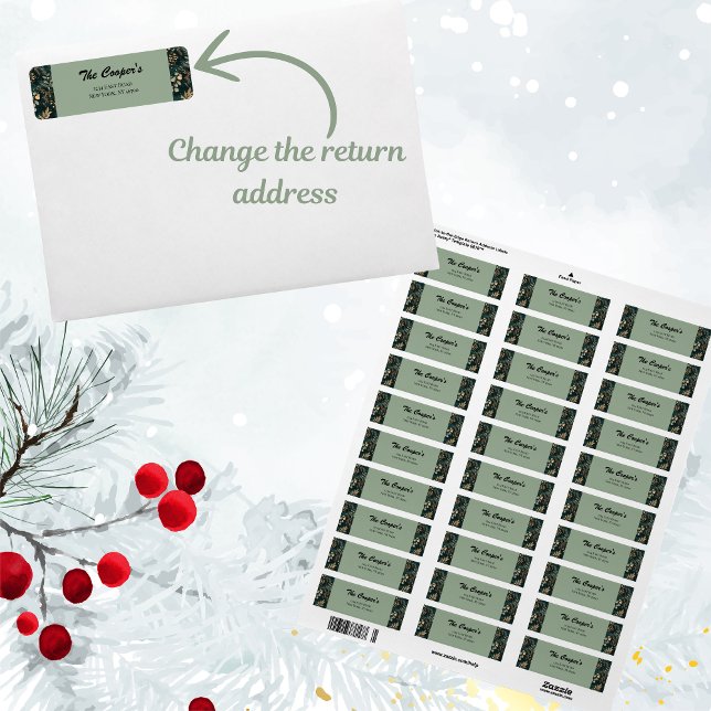 Elegant Green Botanical Return Address Return Address Label (Add some elegance to your Christmas mail with our beautiful return address labels)