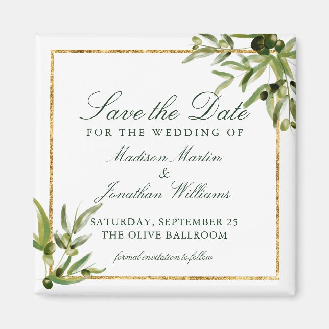 Elegant Green Botanical Vine Gold Save the Date Magnet (Front)