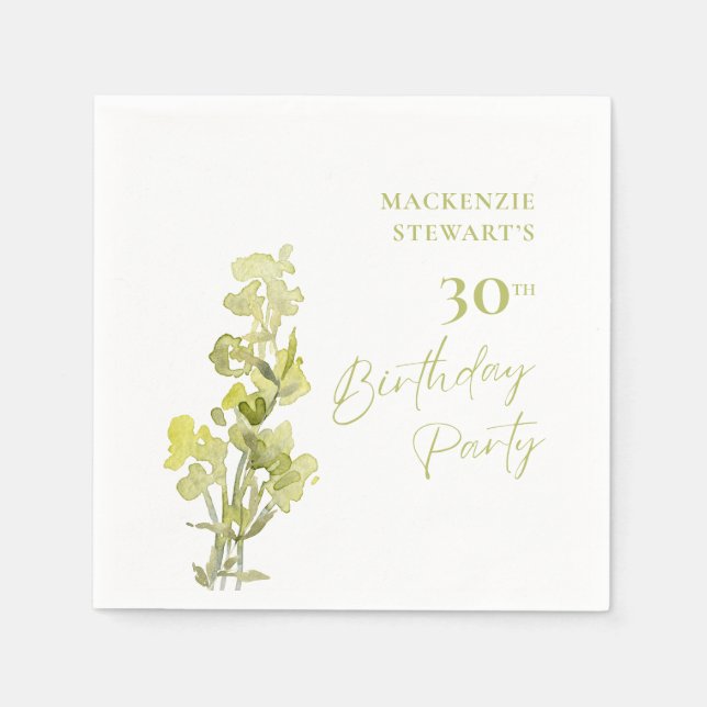 Elegant Green Botanical Watercolor 30th Birthday Napkin (Front)