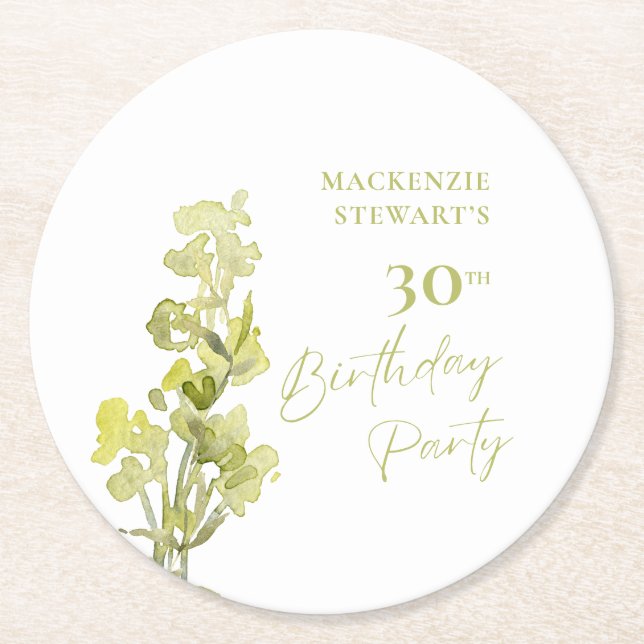 Elegant Green Botanical Watercolor 30th Birthday Round Paper Coaster (Front)