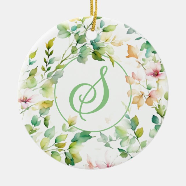 Elegant green botanical watercolor wildflowers  ceramic ornament (Front)