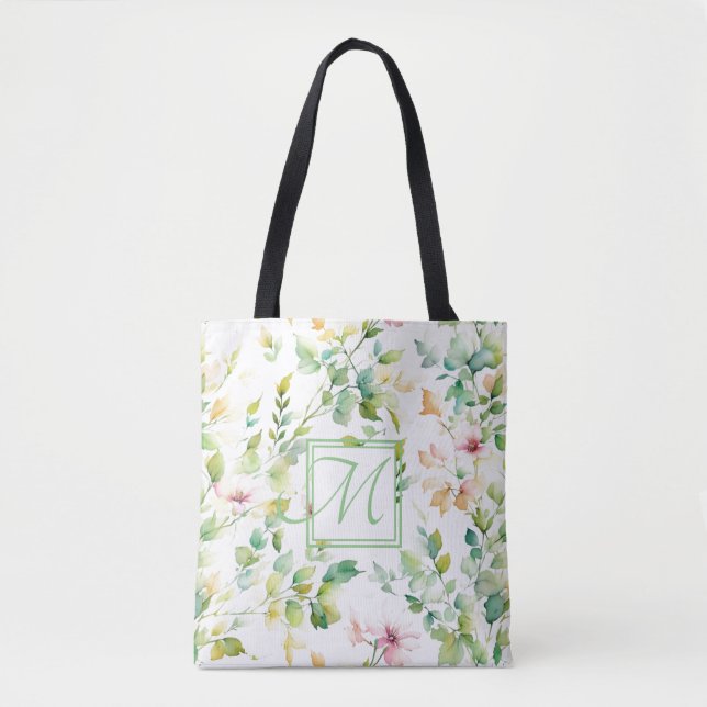 Elegant green botanical watercolor wildflowers  tote bag (Front)