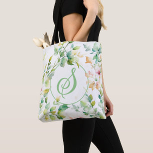 Elegant green botanical watercolor wildflowers tote bag