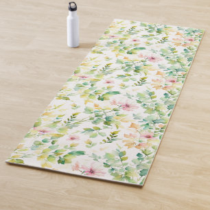 Elegant green botanical watercolor wildflowers  yoga mat