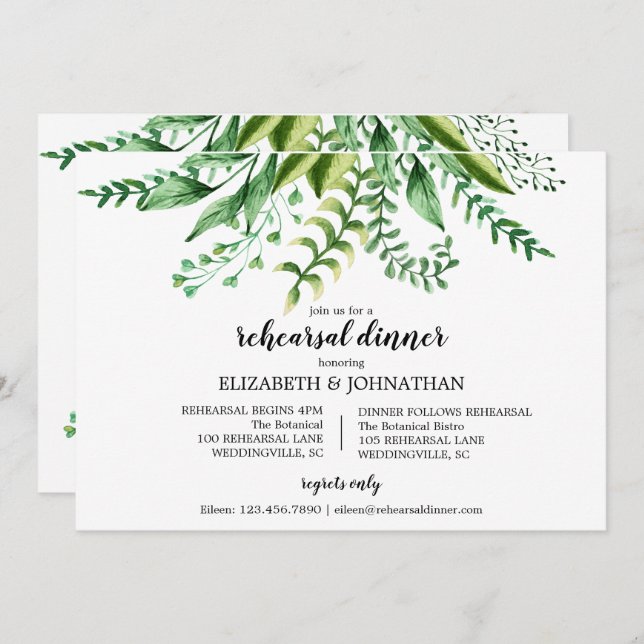 Elegant Green Botanical Wedding Rehearsal Dinner Invitation (Front/Back)
