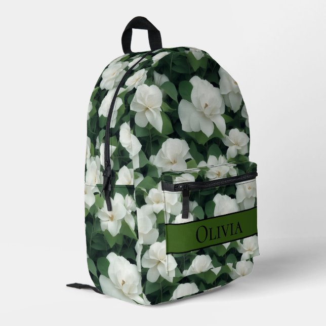 Elegant green botanical white floral personalised  printed backpack (Back Corner Left)
