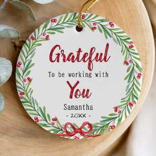 Elegant Green Botanical Wreath Coworker Gift Ceramic Ornament
