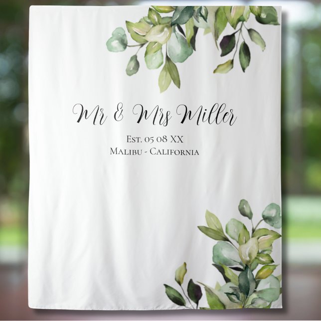 Elegant Green Botanicals Wedding Photo Backdrop Tapestry (Creator Uploaded)