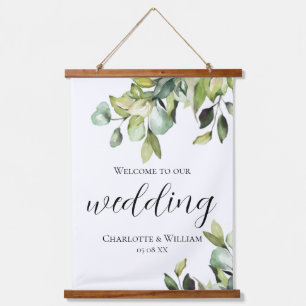 Elegant Green Botanicals Wedding Welcome Hanging Tapestry