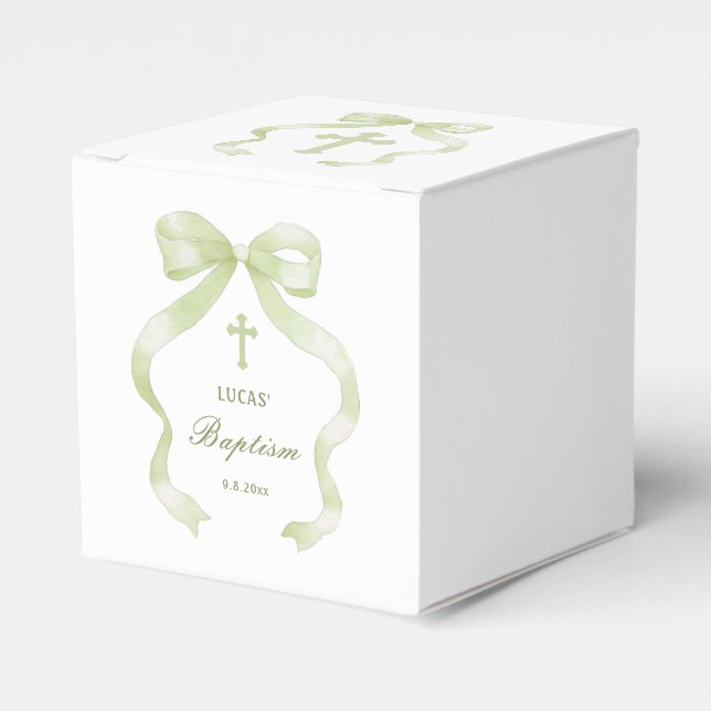Elegant Green Bow Baptism Cube Favour Box (Front Side)