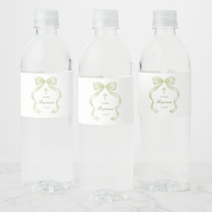 Elegant Green Bow Baptism Water Bottle Label