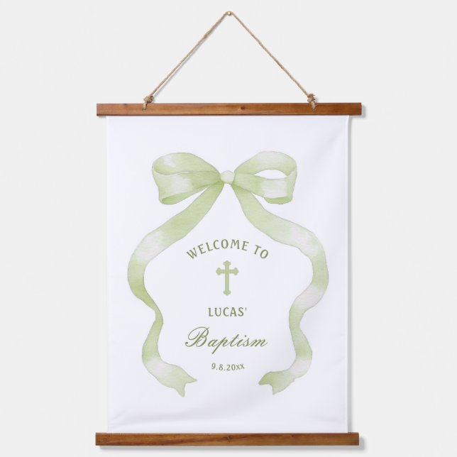 Elegant Green Bow Baptism Welcome Hanging Tapestry (Front)