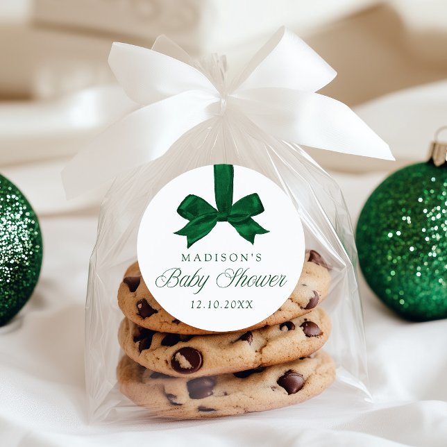 Elegant Green Bow Christmas Baby Shower Classic Round Sticker (Creator Uploaded)