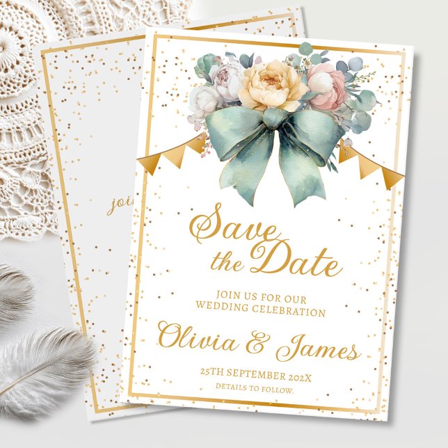 Elegant Green Bow Floral Save the Date Wedding Invitation (Creator Uploaded)