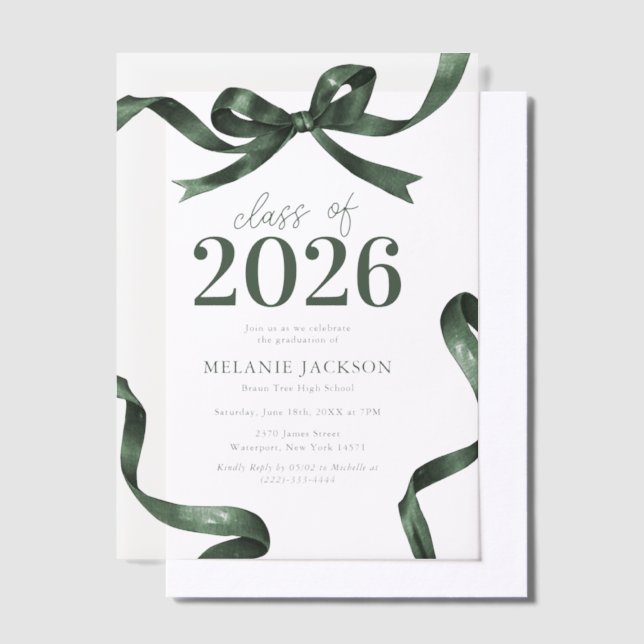 Elegant Green Bow Graduation Party Vellum Invitations (Offset)