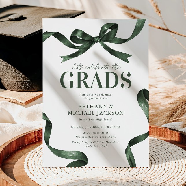 Elegant Green Bow Joint Graduation Party Invitation (Creator Uploaded)