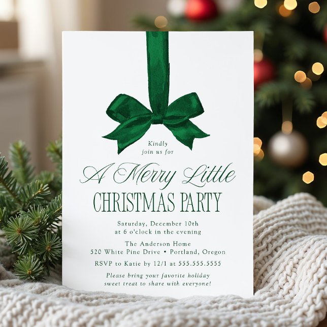 Elegant Green Bow Merry Little Christmas Party Invitation (Creator Uploaded)