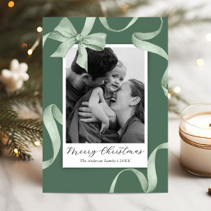 Elegant Green Bow Photo Christmas Holiday Card