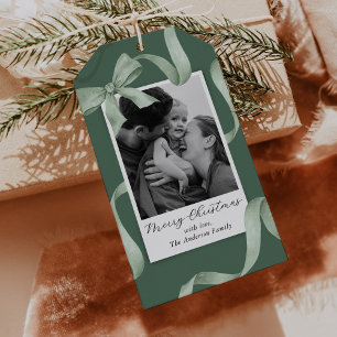 Elegant Green Bow Photo Holiday Gift Tags