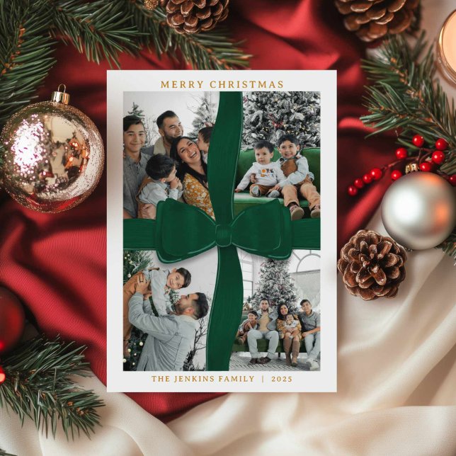 Elegant Green Bow Photo Merry Christmas Card (Green Bow Merry Christmas 4 Photo Holiday Card)