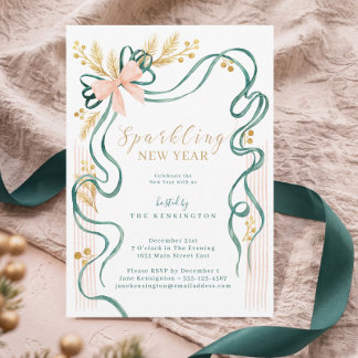 Elegant Green Bow Ribbon Christmas New Years Party Invitation