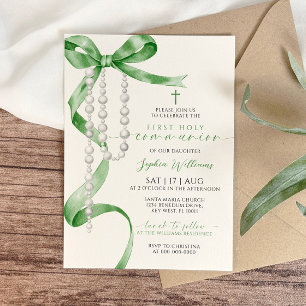 Elegant Green Bow & Rosary First Holy Communion Invitation