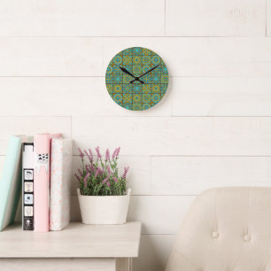 Elegant green& brown Moroccan pattern Round Clock