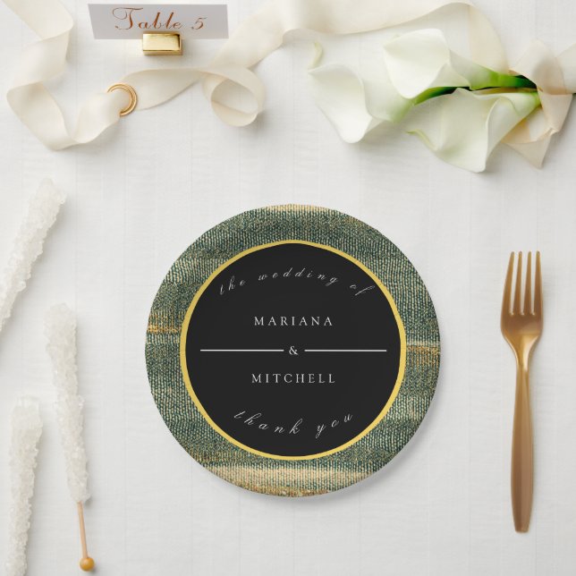 Elegant Green Brush with gold and black  Round   Paper Plate (Wedding)
