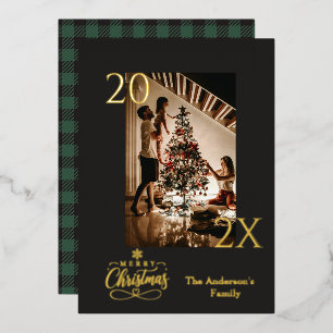 Elegant Green Buffalo Plaid Christmas Photo Foil Holiday Card
