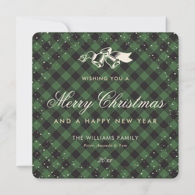 Elegant Green Buffalo Plaid Snow Traditional Holiday Card (Front)