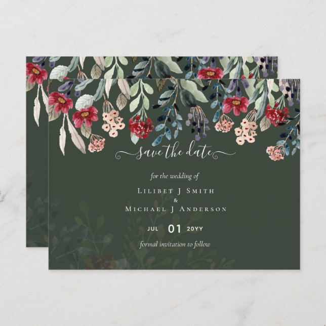 Elegant Green Burgundy Blue Floral Wedding Postcard (Front/Back)