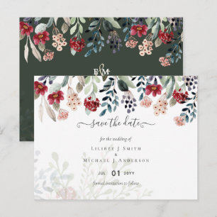 Elegant Green Burgundy Blue Floral Wedding Postcard