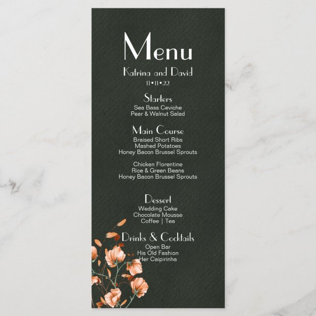 Elegant Green Burnt Orange Floral Fall Wedding Menu (Front)