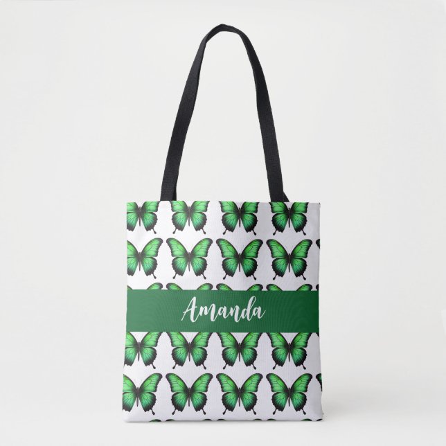 Elegant Green Butterly Pattern Name Tote Bag (Front)