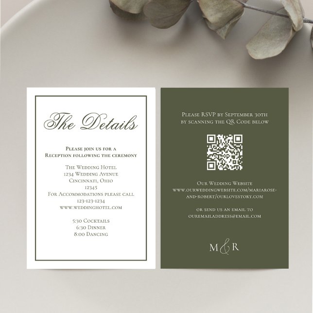 Elegant Green Calligraphy Details RSVP Enclosure Card (Olive green wedding details card with scannable QR Code. )