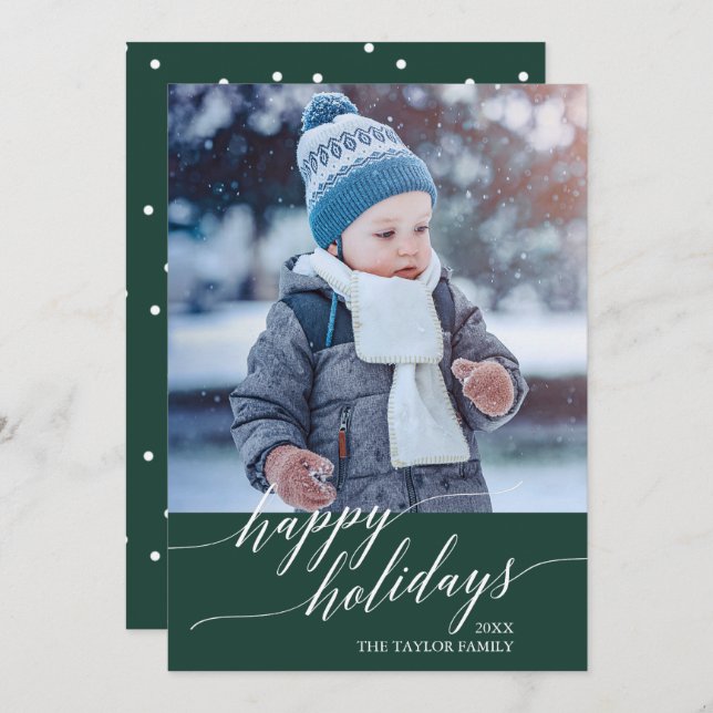 Elegant Green Calligraphy Happy Holidays Photo Holiday Card (Front/Back)