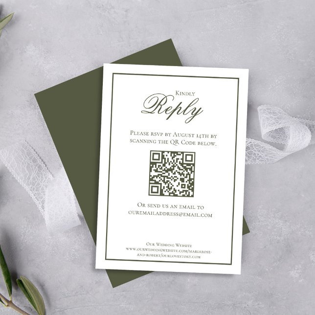 Elegant Green Calligraphy RSVP (Elegant dark olive green classic RSVP card.)