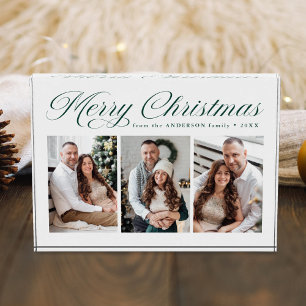 Elegant Green Calligraphy Script Merry Christmas 3 Photo Block