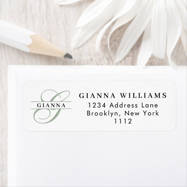Elegant Green Calligraphy Split Monogram Address Return Address Label (Insitu)