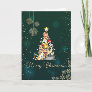 Elegant Green,Cat Pine Tree,Snowflakes Holiday Card