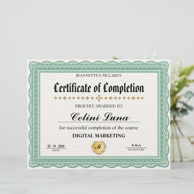 Elegant Green Certificate of Completion – Modern  (Standing Front)
