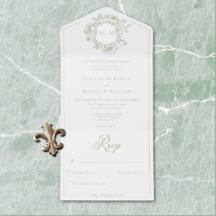 Elegant Green Chinoiserie Bird Crest Wedding All In One Invitation