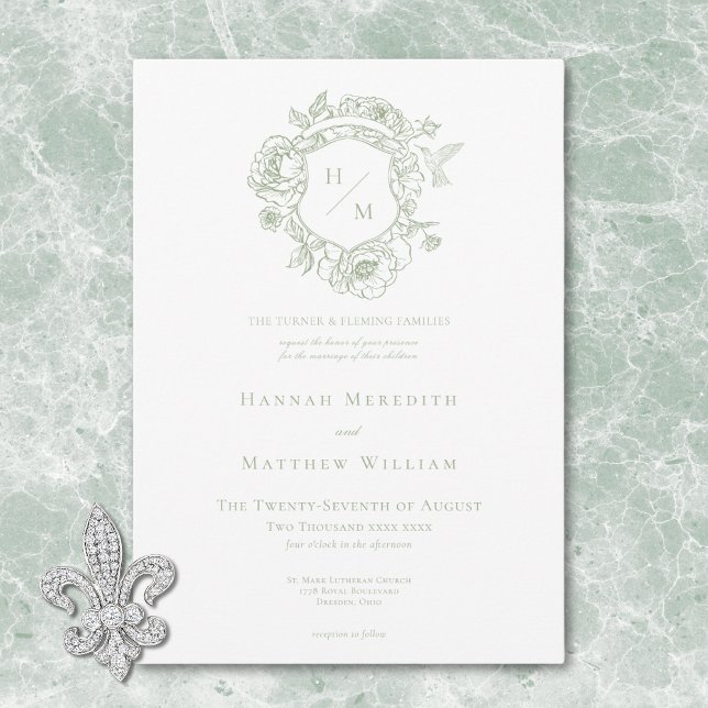 Elegant Green Chinoiserie Bird & Crest Wedding Invitation (Elegant Green Chinoiserie Bird & Crest Wedding Invitation)