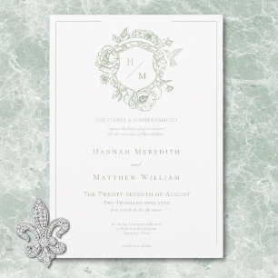 Elegant Green Chinoiserie Bird & Crest Wedding Invitation