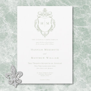 Elegant Green Chinoiserie Bird & Crest Wedding Invitation