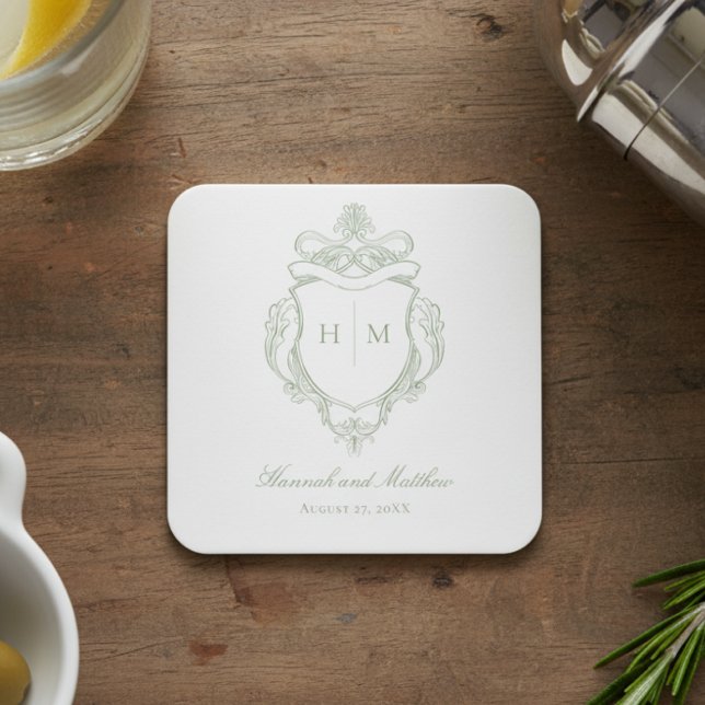 Elegant Green Chinoiserie Bird Crest Wedding Square Paper Coaster (Creator Uploaded)