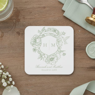 Elegant Green Chinoiserie Bird Crest Wedding Square Paper Coaster