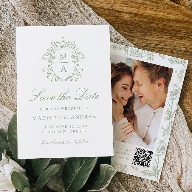 Elegant Green Chinoiserie Floral QR Code Wedding Save The Date (Creator Uploaded)